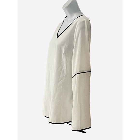 Monroe & Main Ivory Piped Blouse Split Hem Tunic V-Neck Office Career Casual Top - Picture 4 of 12